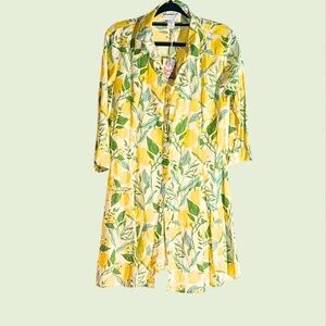 NWT Martha Stewart Collection Lemon Print Linen Blend Midi Shirt Dress L